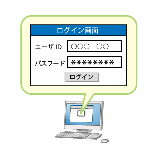 ログイン画面でIDとパスワードが入力されている様子を表すイラスト