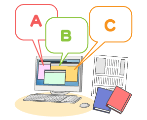 複数のウェブページや新聞、本などで情報を見比べる様子のイラスト