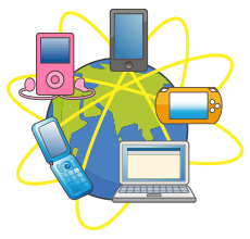 世界中につながるネットワークにけい帯電話、スマートフォン、パソコン、タブレット端末、ゲーム機が接続している様子のイラスト