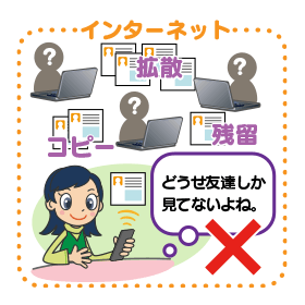 友達しか見ていないだろうと不用意にインターネット上に発信してしまう様子のイラスト